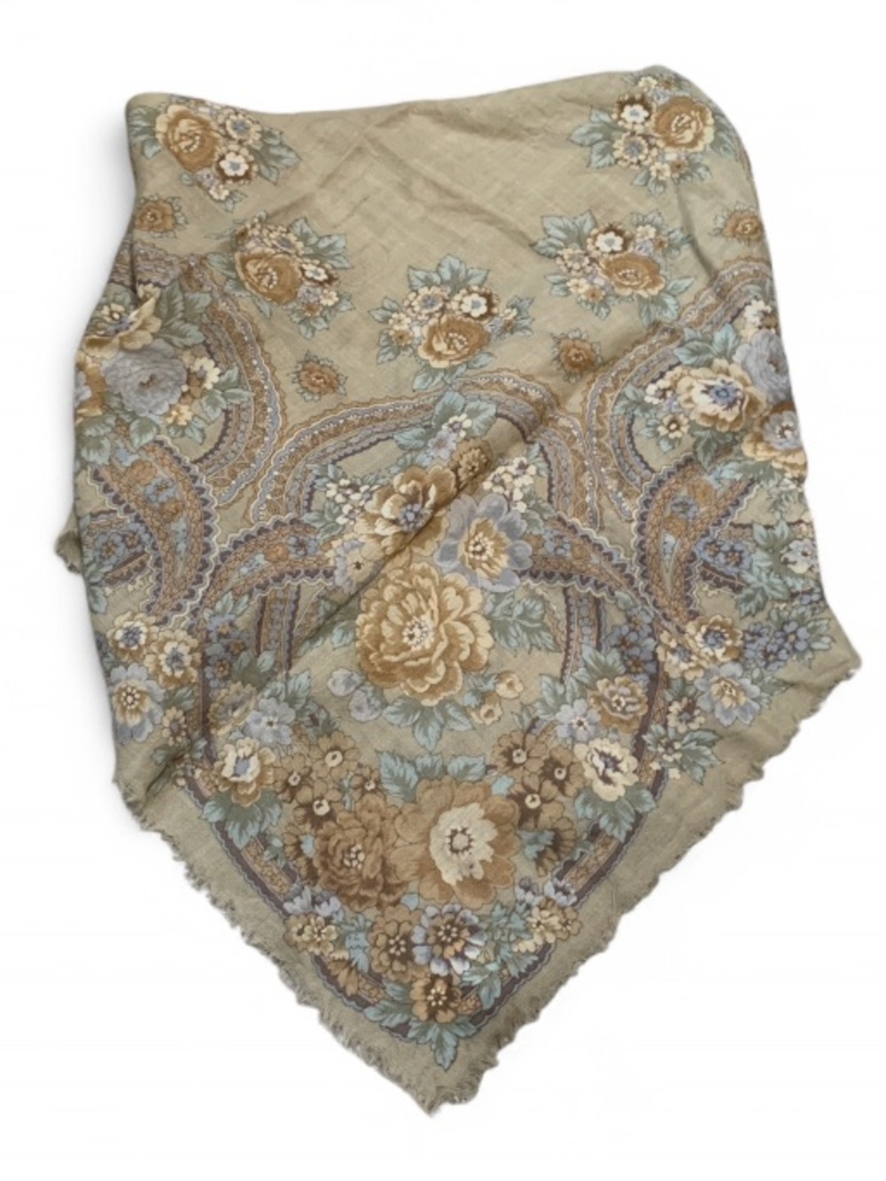 Vintage Liz Claiborne Floral Frayed Edges Wool Scarf in Sage Green and Beige